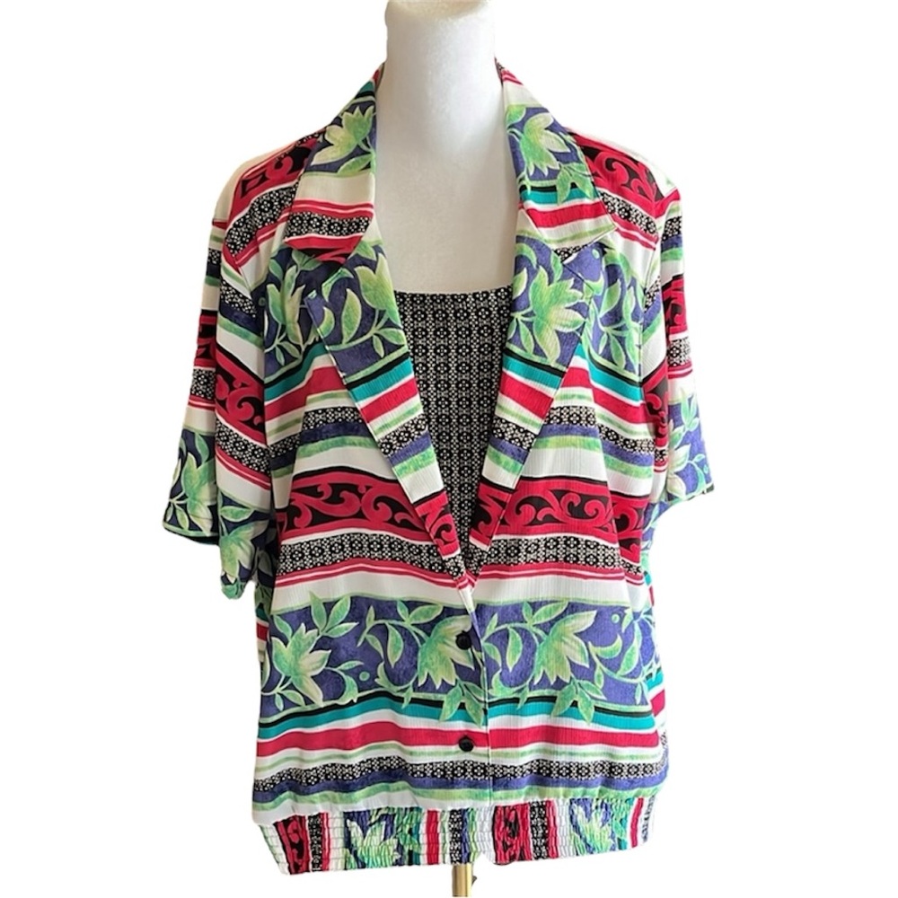 Alfred Dunner Vintage Colorful Leaf Print Smock Tank Blouse Size 14
